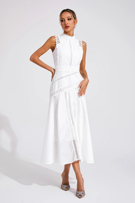 Eyelet Lace Mock Neck Midi Dress - Spring Racing Style