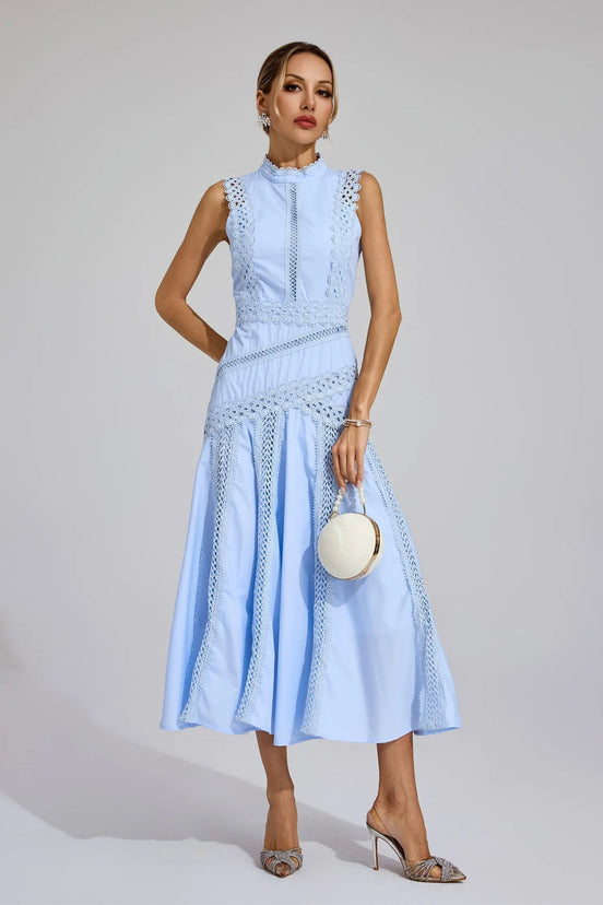 Eyelet Lace Mock Neck Midi Dress - Spring Racing Style