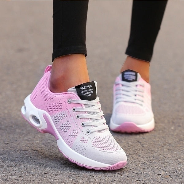 Womens Air Cushion Sneakers - Breathable Knit Lace-Up