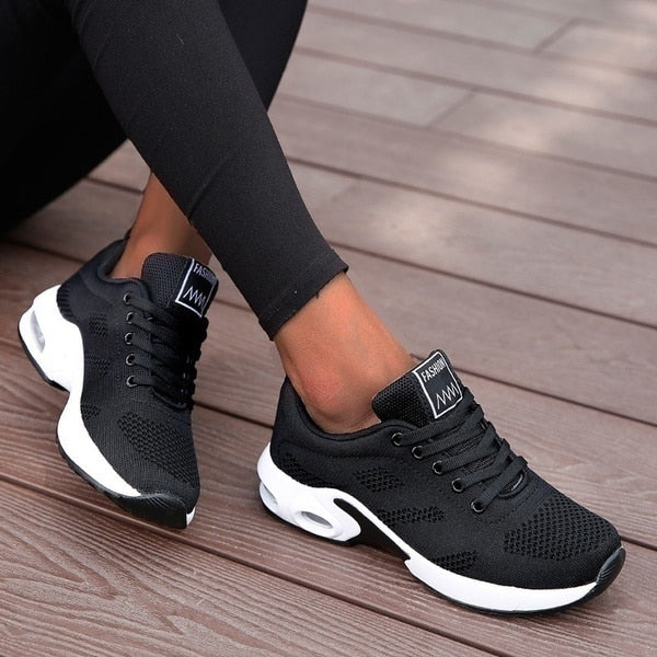 Womens Air Cushion Sneakers - Breathable Knit Lace-Up