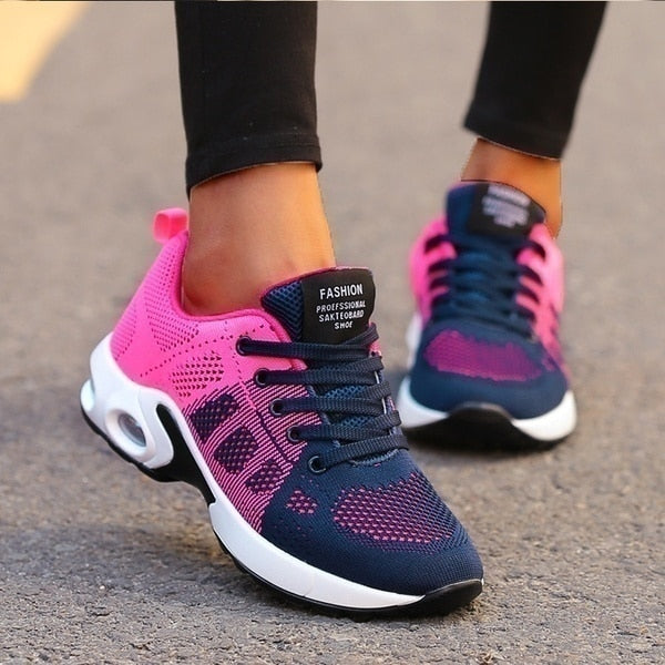 Womens Air Cushion Sneakers - Breathable Knit Lace-Up