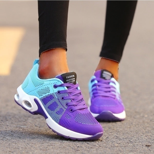 Womens Air Cushion Sneakers - Breathable Knit Lace-Up