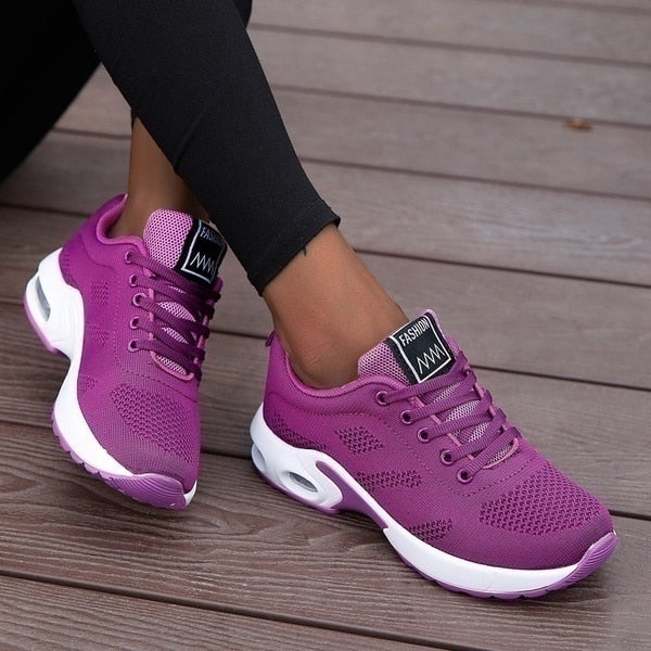 Womens Air Cushion Sneakers - Breathable Knit Lace-Up