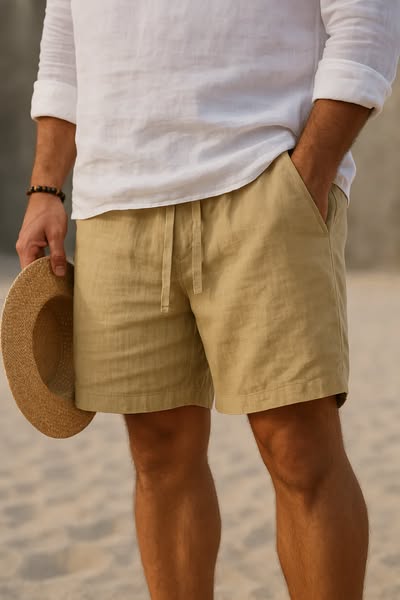 Mens Cotton-Linen Shorts - Relaxed Drawstring Style