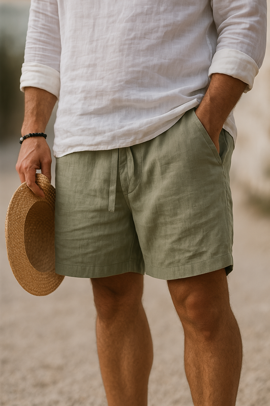 Mens Cotton-Linen Shorts - Relaxed Drawstring Style