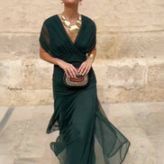 Womens V-Neck Maxi Evening Gown - Pleated Waist Floor-Length