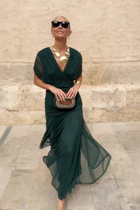 Womens V-Neck Maxi Evening Gown - Pleated Waist Floor-Length