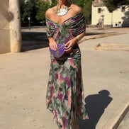 Womens V-Neck Maxi Evening Gown - Pleated Waist Floor-Length