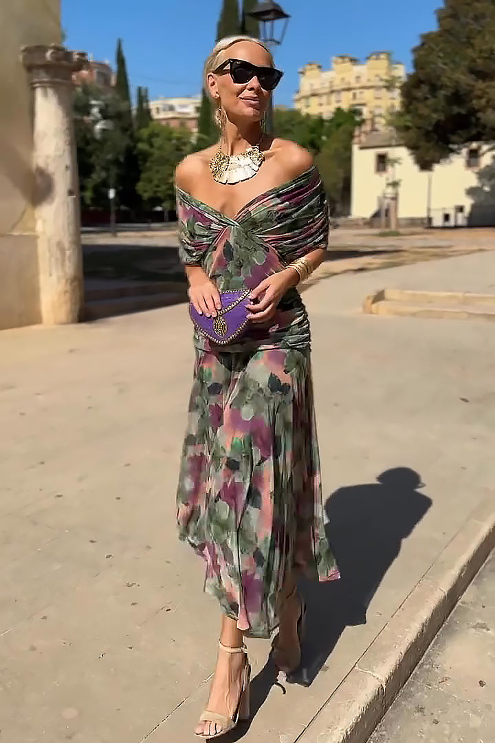 Womens V-Neck Maxi Evening Gown - Pleated Waist Floor-Length