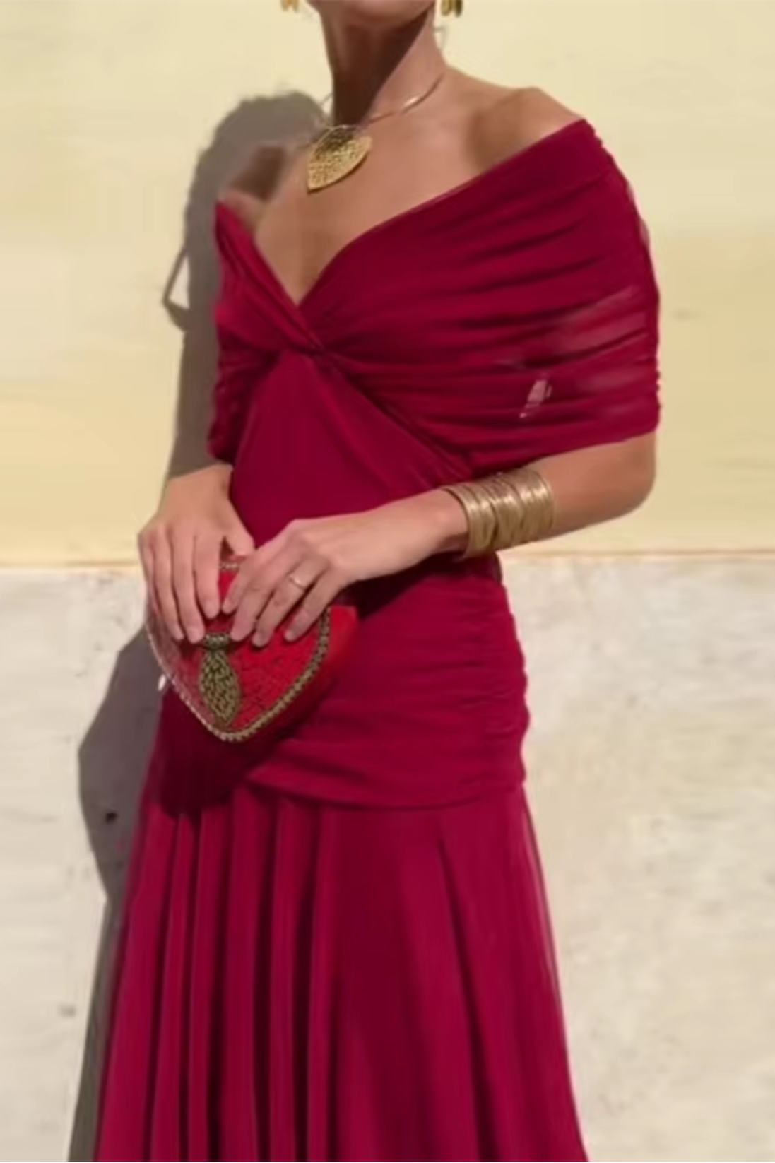 Womens V-Neck Maxi Evening Gown - Pleated Waist Floor-Length