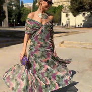 Womens V-Neck Maxi Evening Gown - Pleated Waist Floor-Length