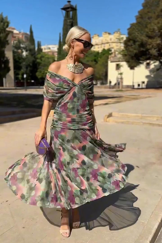 Womens V-Neck Maxi Evening Gown - Pleated Waist Floor-Length