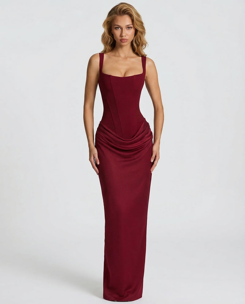 Womens Satin Corset Maxi Dress - Draped Evening Style