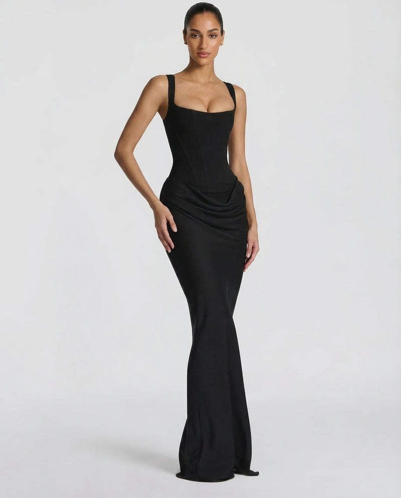 Womens Satin Corset Maxi Dress - Draped Evening Style