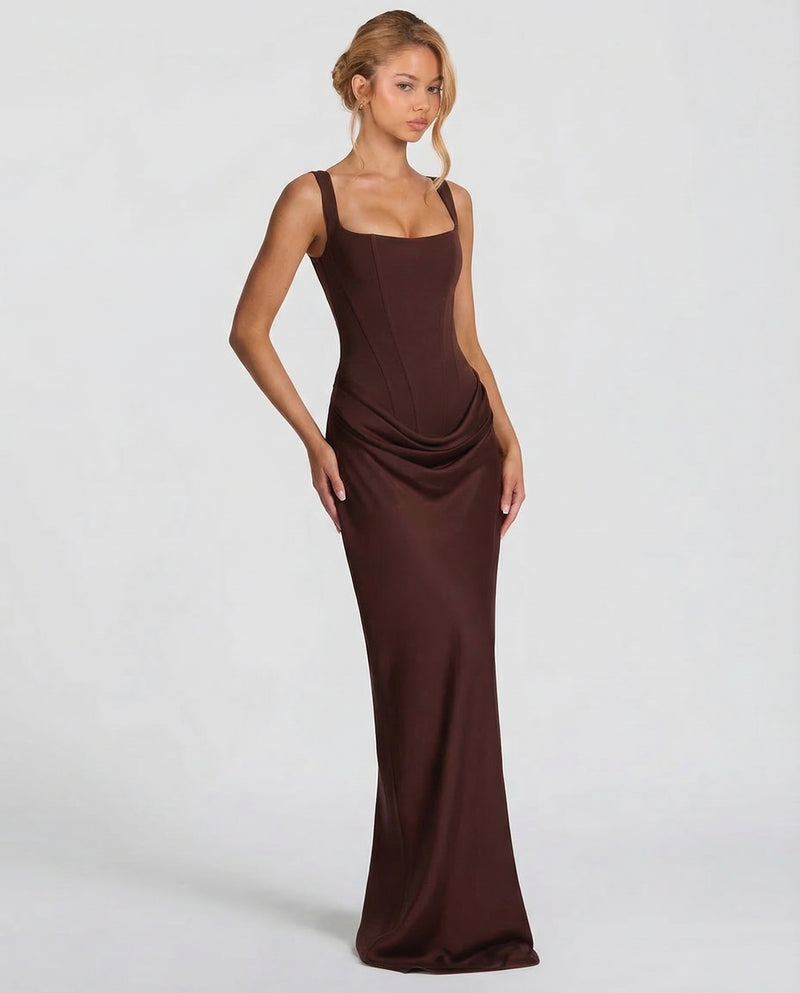 Womens Satin Corset Maxi Dress - Draped Evening Style