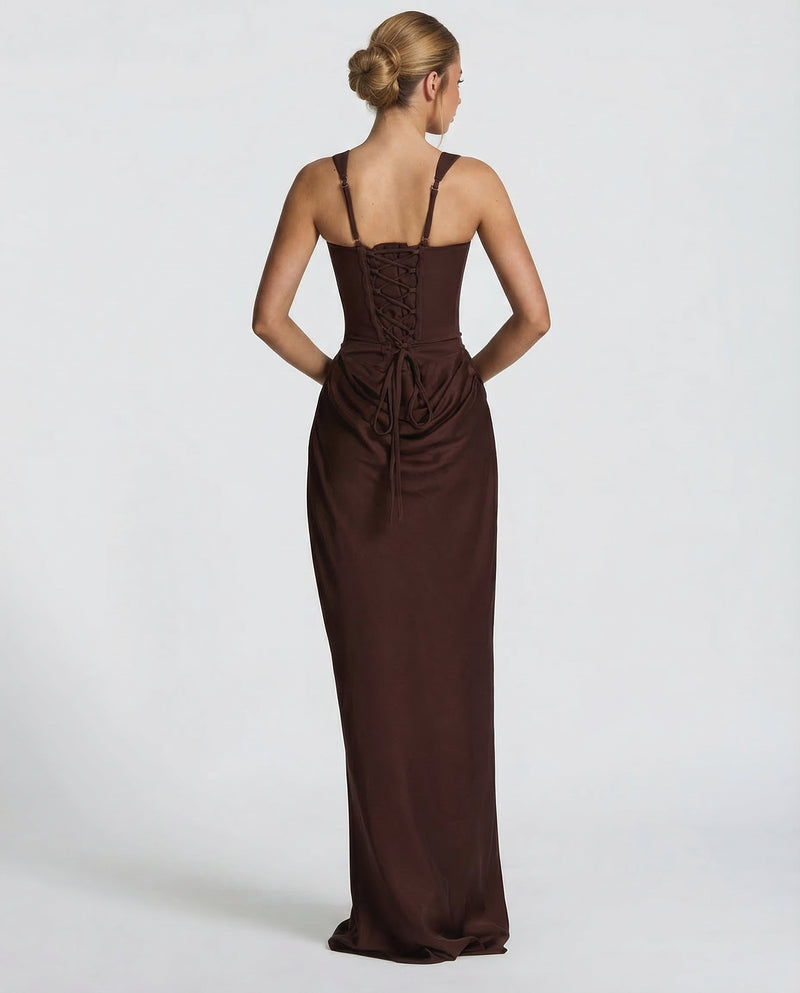 Womens Satin Corset Maxi Dress - Draped Evening Style