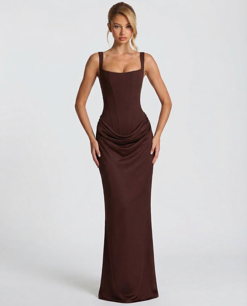 Womens Satin Corset Maxi Dress - Draped Evening Style