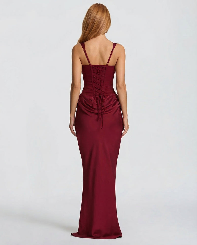 Womens Satin Corset Maxi Dress - Draped Evening Style