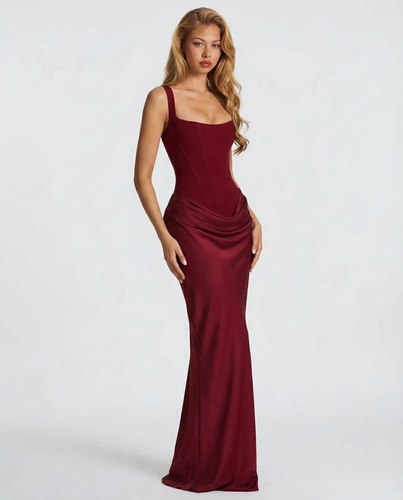 Womens Satin Corset Maxi Dress - Draped Evening Style