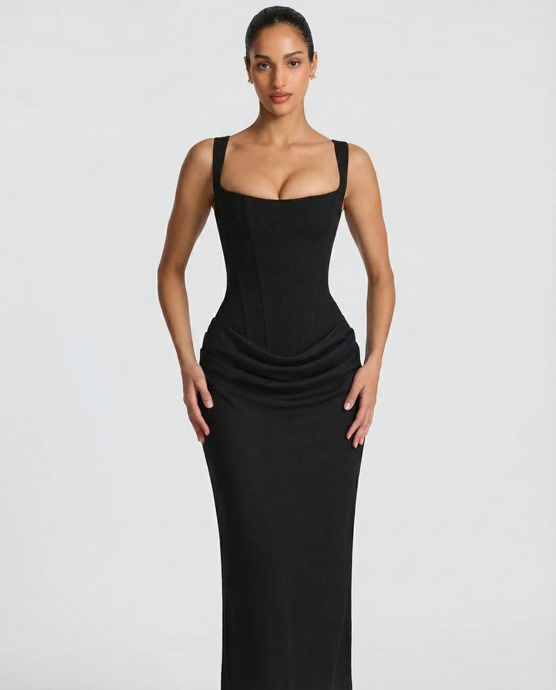 Womens Satin Corset Maxi Dress - Draped Evening Style