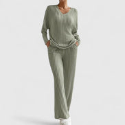 Womens Knit Lounge Set – Ribbed V-Neck Sweater & Wide-Leg Pants