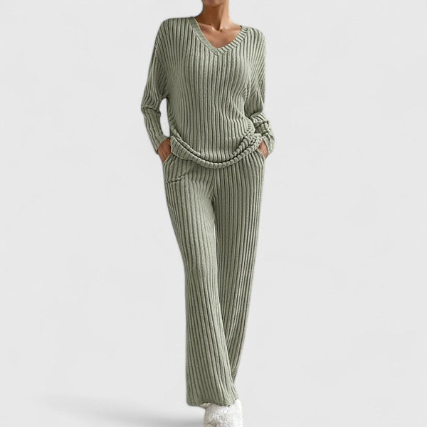Womens Knit Lounge Set – Ribbed V-Neck Sweater & Wide-Leg Pants