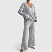 Womens Knit Lounge Set – Ribbed V-Neck Sweater & Wide-Leg Pants