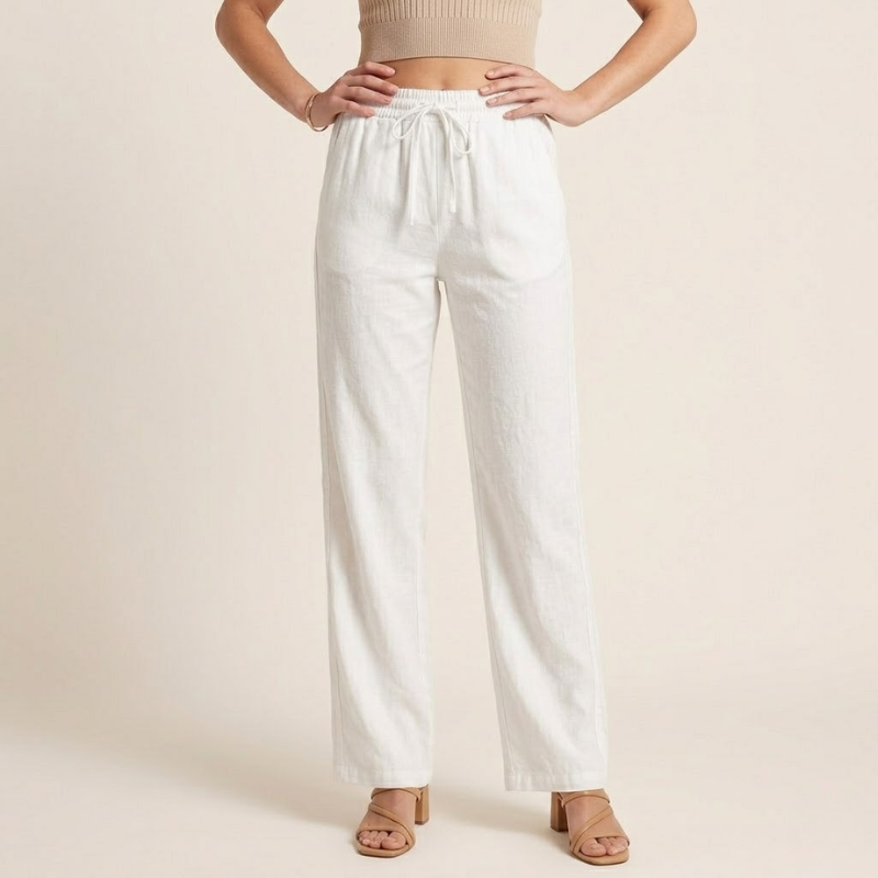 Womens Linen Wide Leg Pants - Elasticated Drawstring Waist