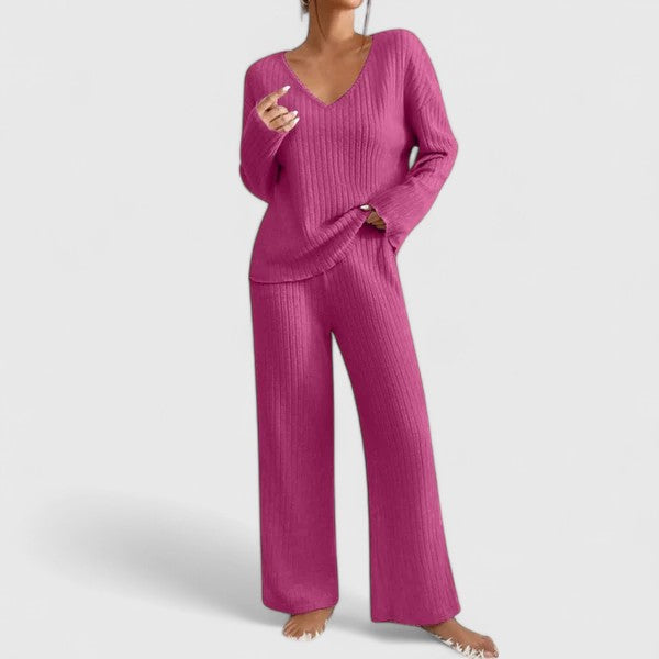 Womens Knit Lounge Set – Ribbed V-Neck Sweater & Wide-Leg Pants