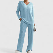 Womens Knit Lounge Set – Ribbed V-Neck Sweater & Wide-Leg Pants
