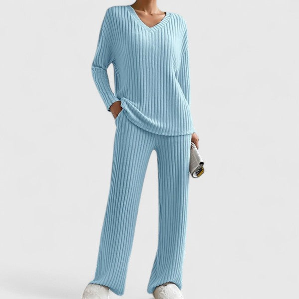 Womens Knit Lounge Set – Ribbed V-Neck Sweater & Wide-Leg Pants