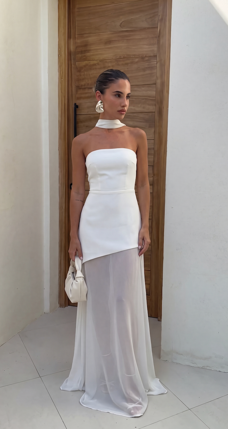 Womens Strapless Maxi Dress - Asymmetric Sheer Style