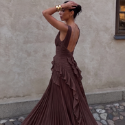 Womens Ruffle Maxi Dress - Fitted Bodice with Low Back