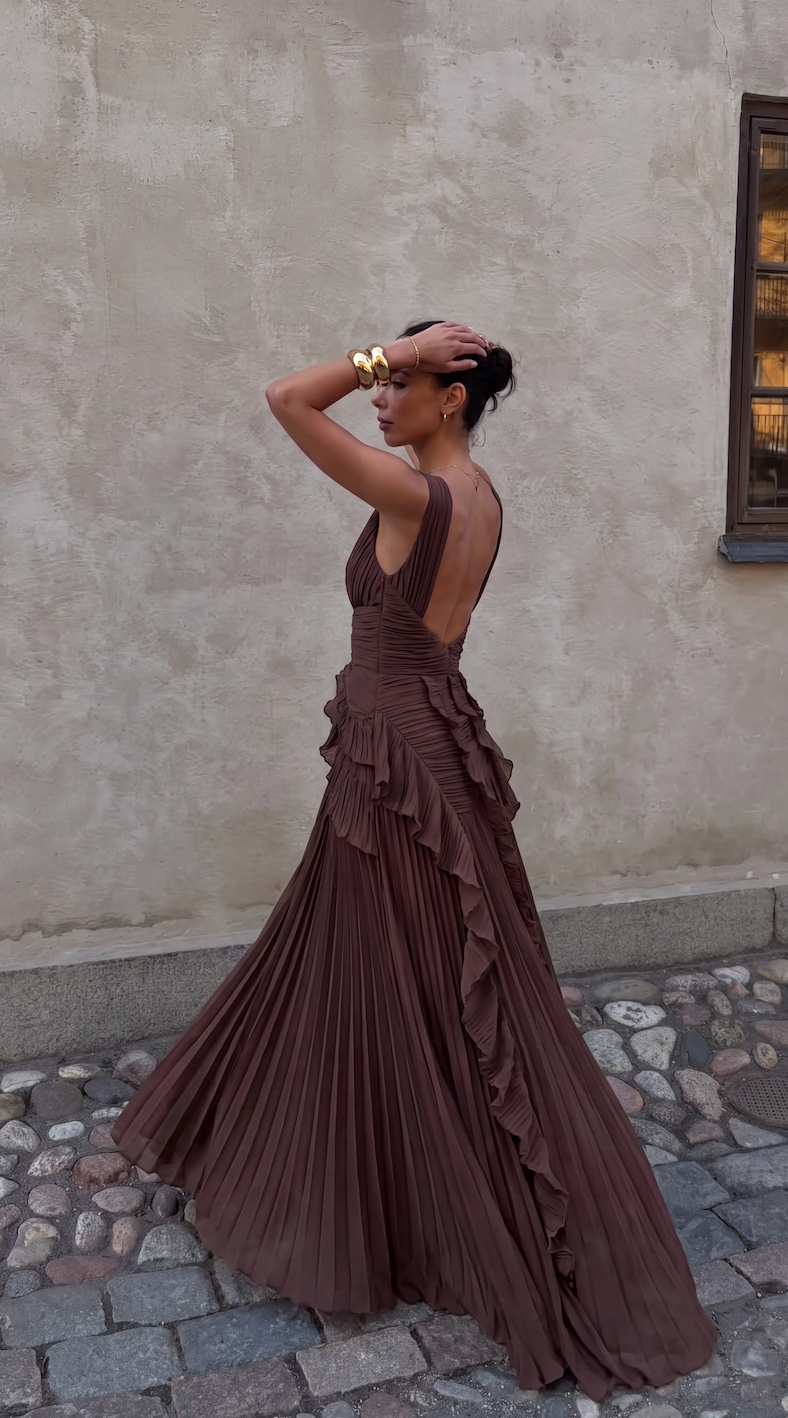 Womens Ruffle Maxi Dress - Fitted Bodice with Low Back