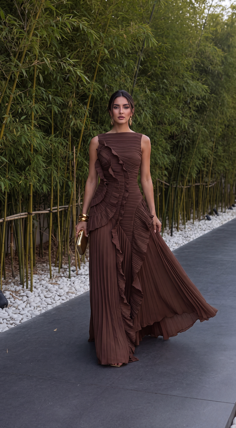 Womens Ruffle Maxi Dress - Fitted Bodice with Low Back