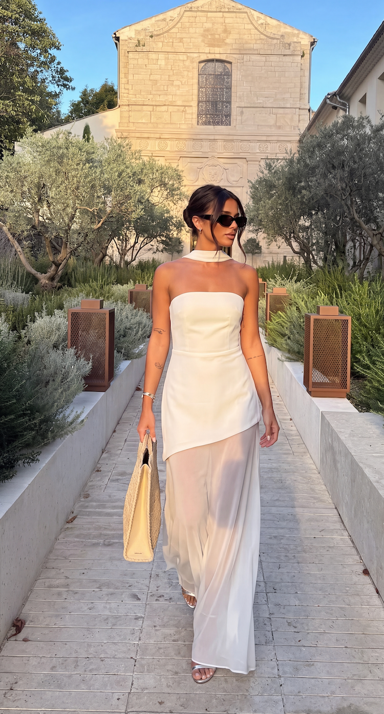Womens Strapless Maxi Dress - Asymmetric Sheer Style