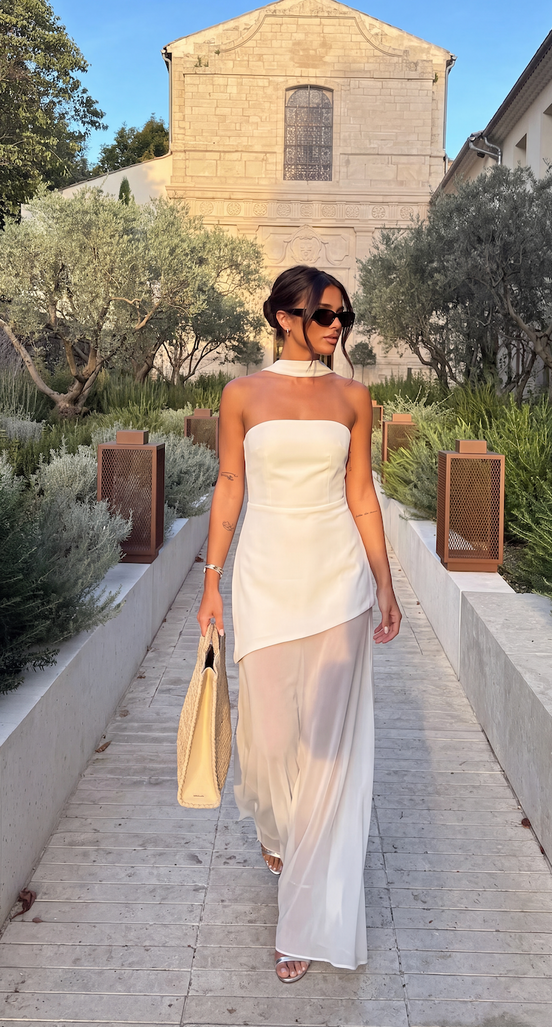 Womens Strapless Maxi Dress - Asymmetric Sheer Style