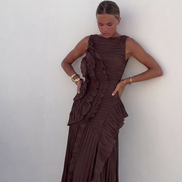 Womens Ruffle Maxi Dress - Fitted Bodice with Low Back