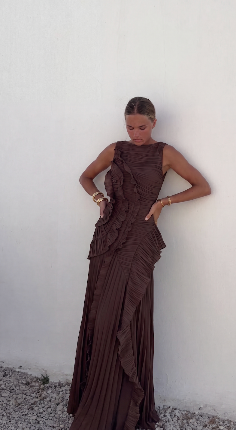Womens Ruffle Maxi Dress - Fitted Bodice with Low Back
