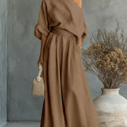 Womens One-Shoulder Linen Maxi Set - Top & A-Line Skirt