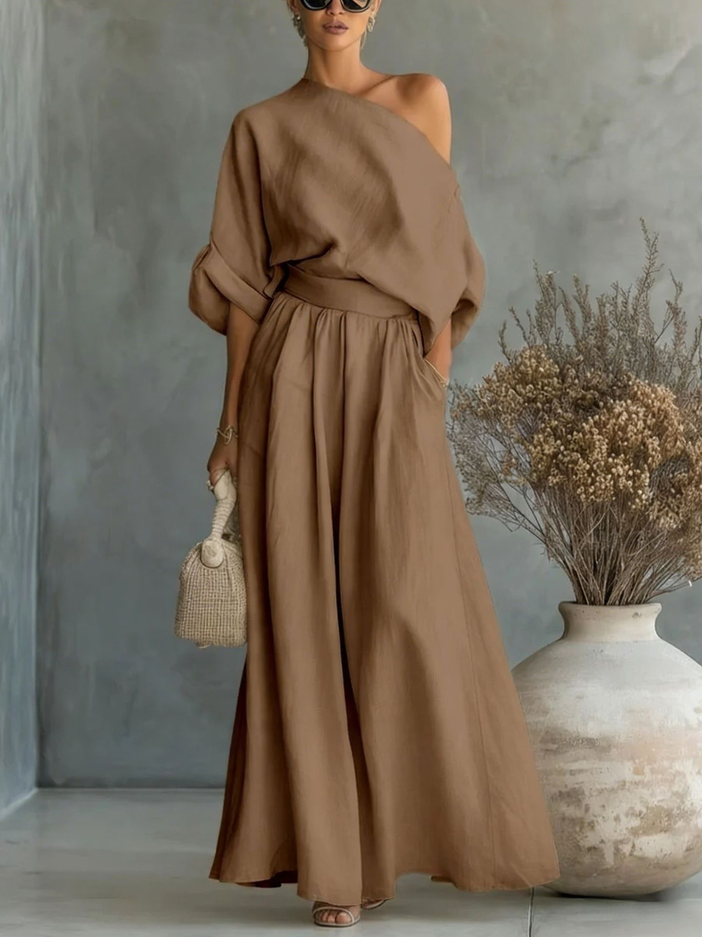 Womens One-Shoulder Linen Maxi Set - Top & A-Line Skirt
