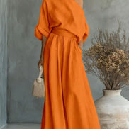 Womens One-Shoulder Linen Maxi Set - Top & A-Line Skirt