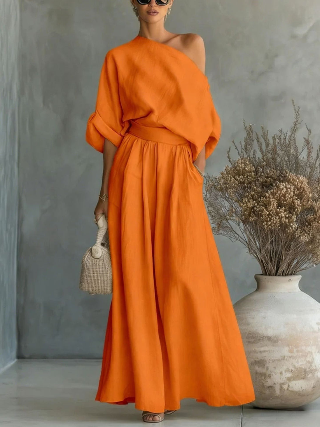 Womens One-Shoulder Linen Maxi Set - Top & A-Line Skirt