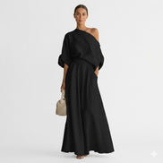 Womens One-Shoulder Linen Maxi Set - Top & A-Line Skirt