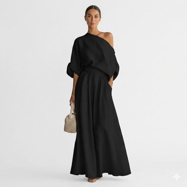 Womens One-Shoulder Linen Maxi Set - Top & A-Line Skirt