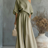 Womens One-Shoulder Linen Maxi Set - Top & A-Line Skirt