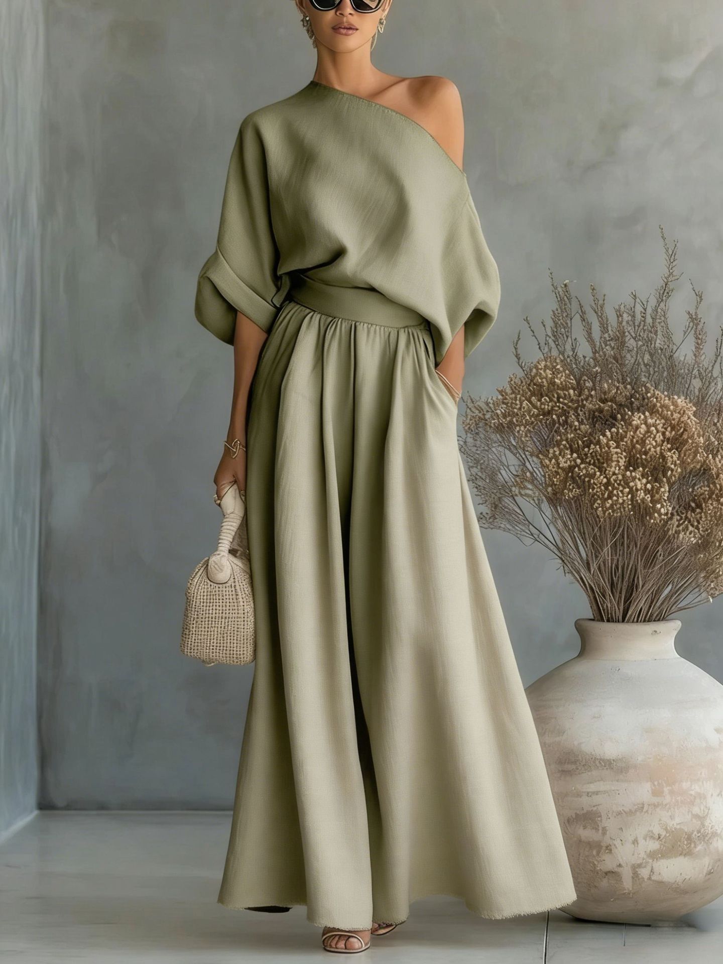 Womens One-Shoulder Linen Maxi Set - Top & A-Line Skirt