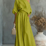 Womens One-Shoulder Linen Maxi Set - Top & A-Line Skirt