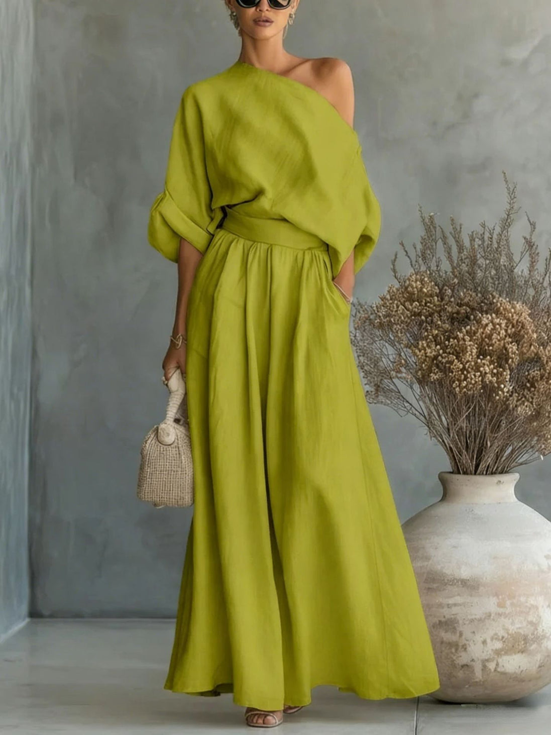 Womens One-Shoulder Linen Maxi Set - Top & A-Line Skirt