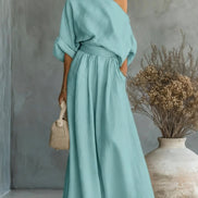 Womens One-Shoulder Linen Maxi Set - Top & A-Line Skirt